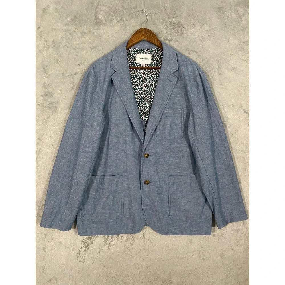 Goodfellow & Co Blazer Mens L Blue Chambray Cotton Linen Deconstructed Coastal